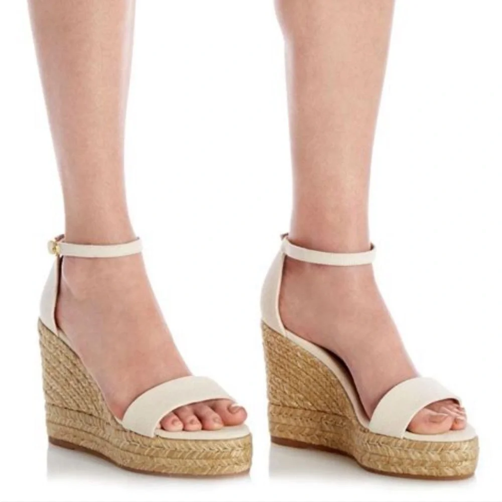 Stuart Weitzman Floria Cream Canvas Espadrille Wedges 8.5 Coastal Resortwear - Picture 16 of 16